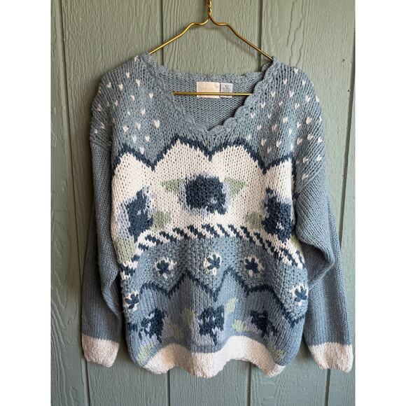 Vintage 90s Cottagecore Floral Embroidered Sweater, Large - Picture 1 of 6